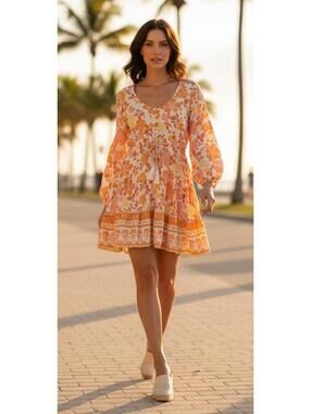 Petal & Pup Orange Multi Floral Tiered Mini Dress Boho US 8 Australia Design